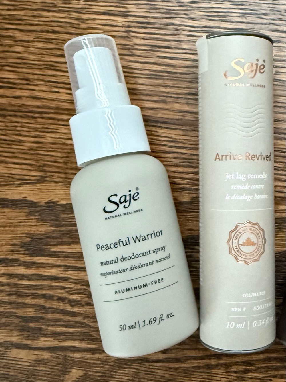Saje - Peaceful Warrior spray deoderant & Arrive Revived jet lag remedy, sealed
